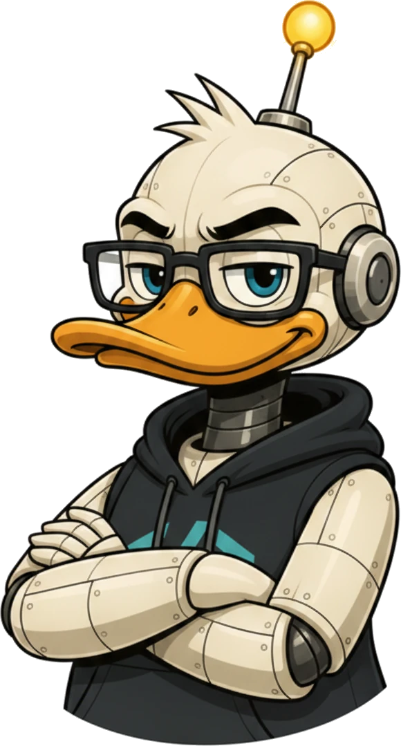 Robot Duck with arms folded, a wry knowing look