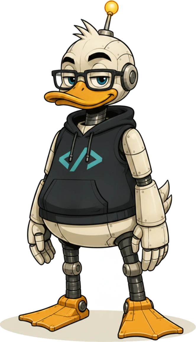 Robot Duck, the guide — a friendly robot duck developer standing calmly