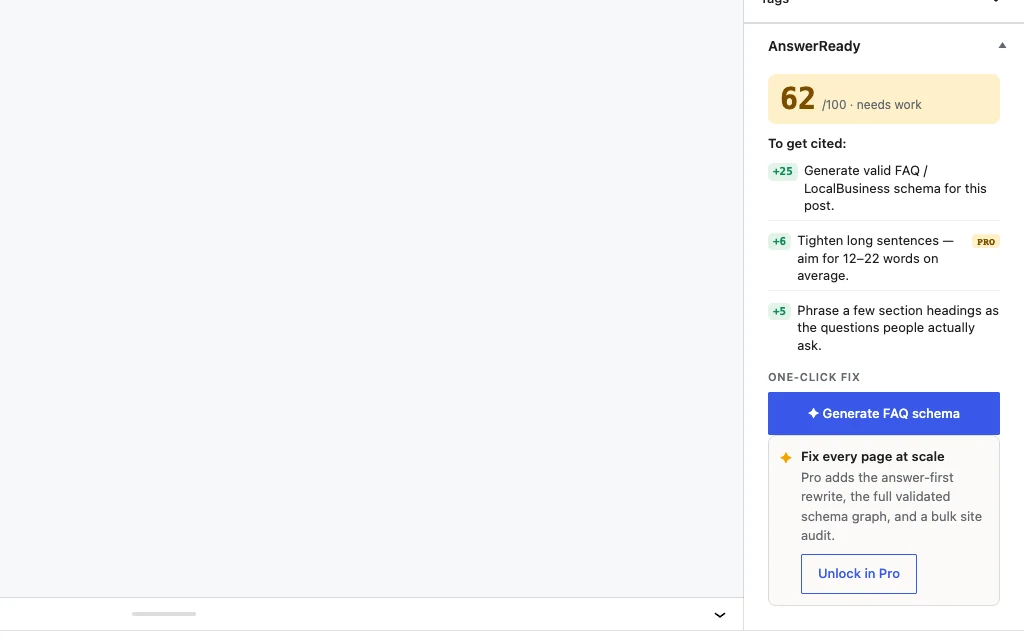 AnswerReady score panel in the WordPress editor